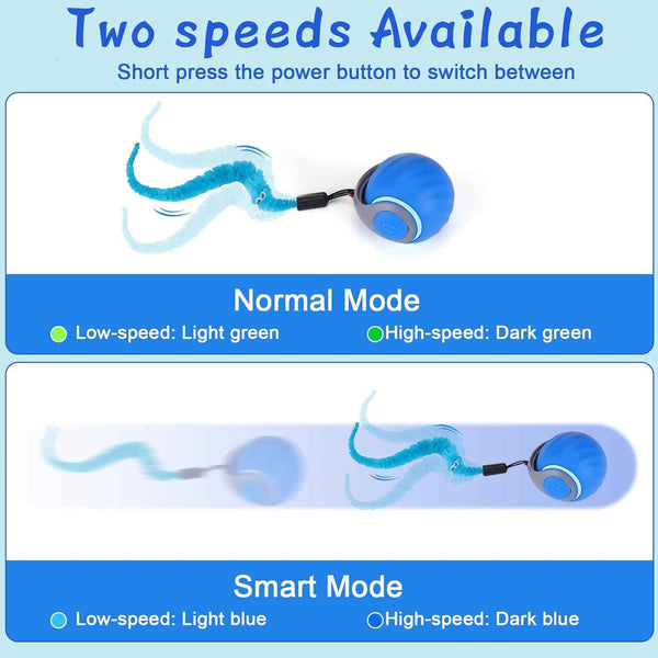 Baborui automatic interactive cat toy ball for small/medium/large cats with 3 tails, 2 speeds, rechargeable blue