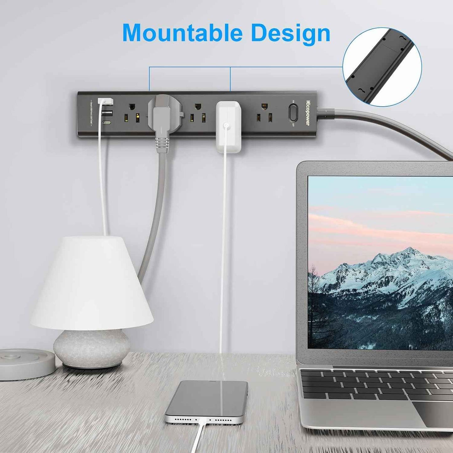 2 Pack Power Strip Surge Protector-5 Widely Spaced Outlets 3 USB Ports(1 USB C Port),1250W/10A with 5Ft Extension Cord, Power Strips with Surge Protection, Wall Mount for Home Office,Black