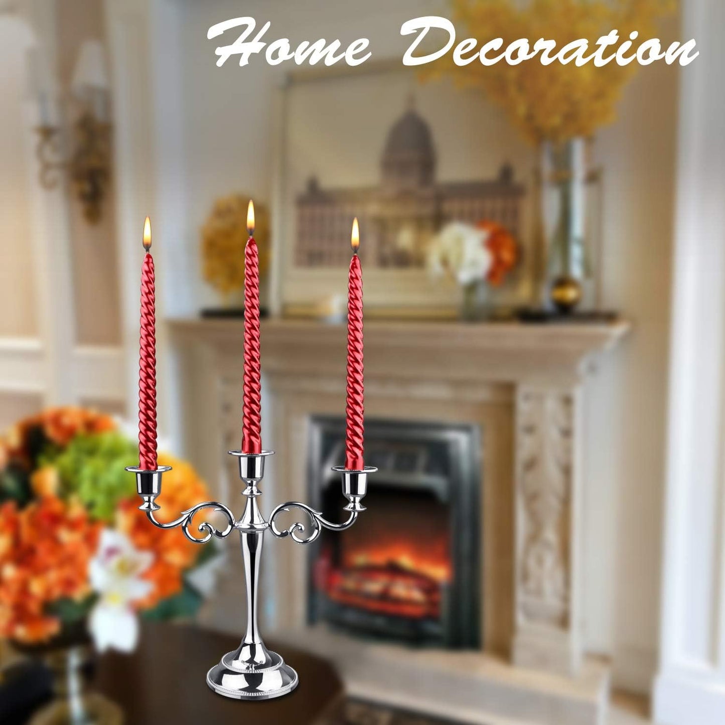 3 Candle Metal Candelabra Candlesticks Holder for Formal Events, Wedding, Church, Holiday Décor, Halloween – Taper Candle Holder Stand Centerpiece Elegant Decoration Piece for Table,Silver