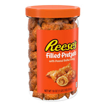 reeses peanut butter filled pretzels, crunchy pretzel nuggets, 18oz jar, sweet and salty snack