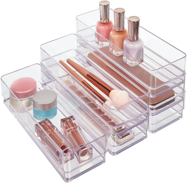 6-piece clear plastic drawer organizer set for makeup vanity and office desk