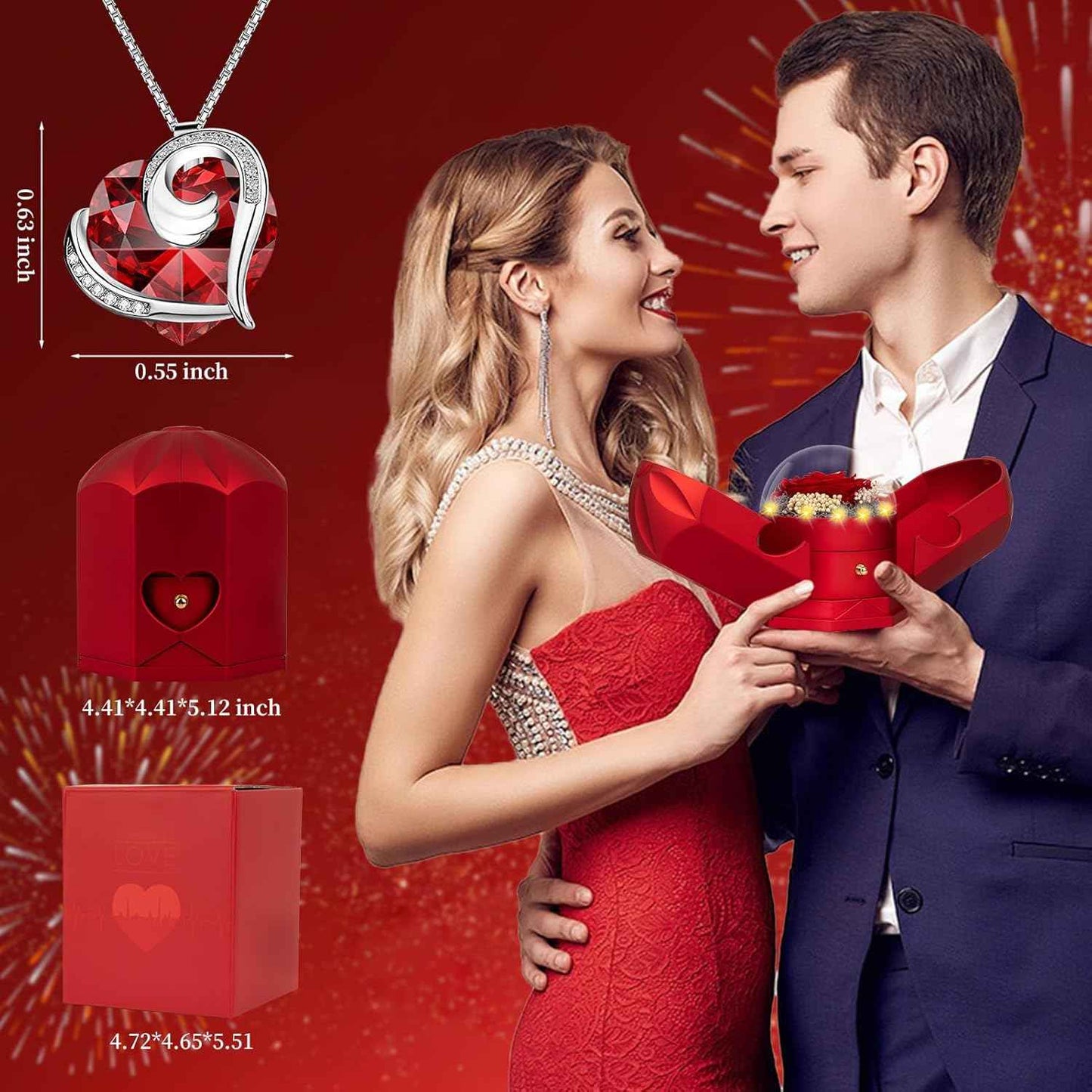 Preserved Real Red Rose with Necklace Forever Flowers Rose Valentines Day Gifts for Her Wife Girlfriend Women Mom Grandma on Valentines Mothers Day Sweetest Day Christmas Anniversary Romantic-Red