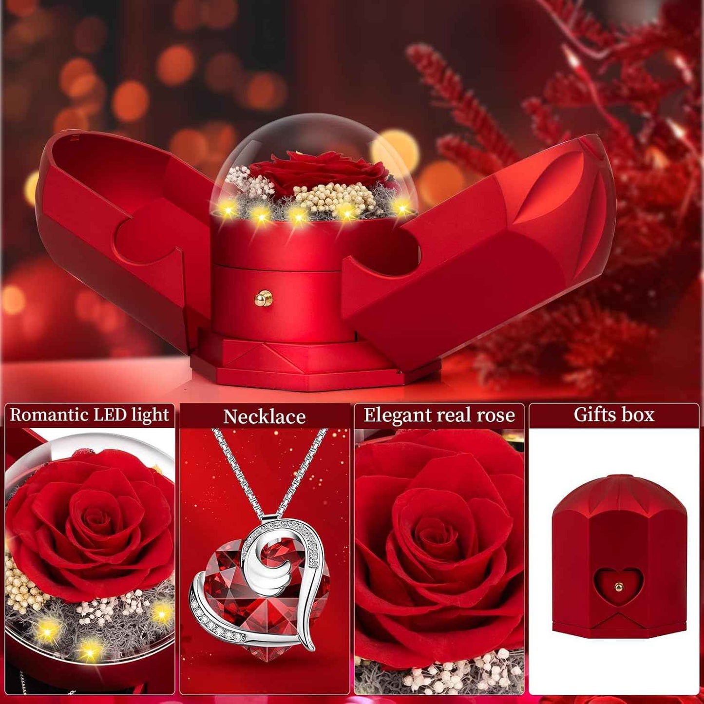 Preserved Real Red Rose with Necklace Forever Flowers Rose Valentines Day Gifts for Her Wife Girlfriend Women Mom Grandma on Valentines Mothers Day Sweetest Day Christmas Anniversary Romantic-Red