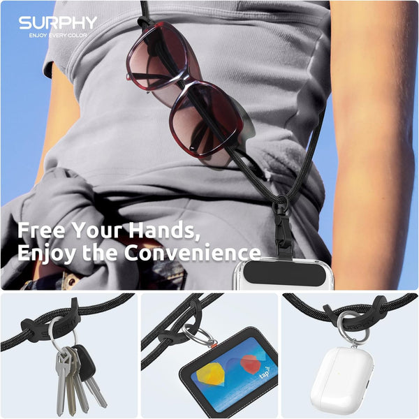 SURPHY Phone Lanyard, Adjustable Phone Strap Crossbody with 2 Pack Cell Phone Tether Tab, Premium Metal Buckles, Skin-Friendly, Universal Cell Phone Lanyard Crossbody for Women and Men, Black