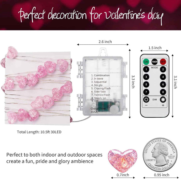 Valentine’s Day Fairy String Lights - 10.5 ft 30 LED Pink Heart Battery Operated Fairy Lights with Timer and Remote, Twinkle Heart Lights for Wedding DIY Indoor Christmas Gift Valentine's Day