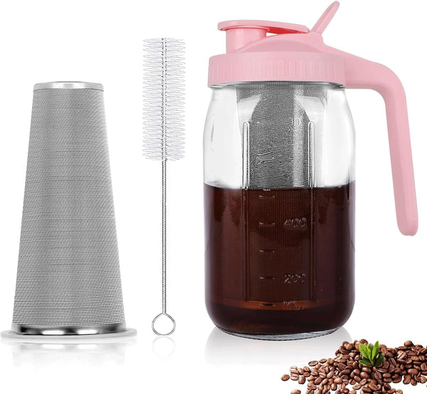 64 oz Mason Jar Pitcher with Stainless Steel Filter for Iced Coffee and Tea