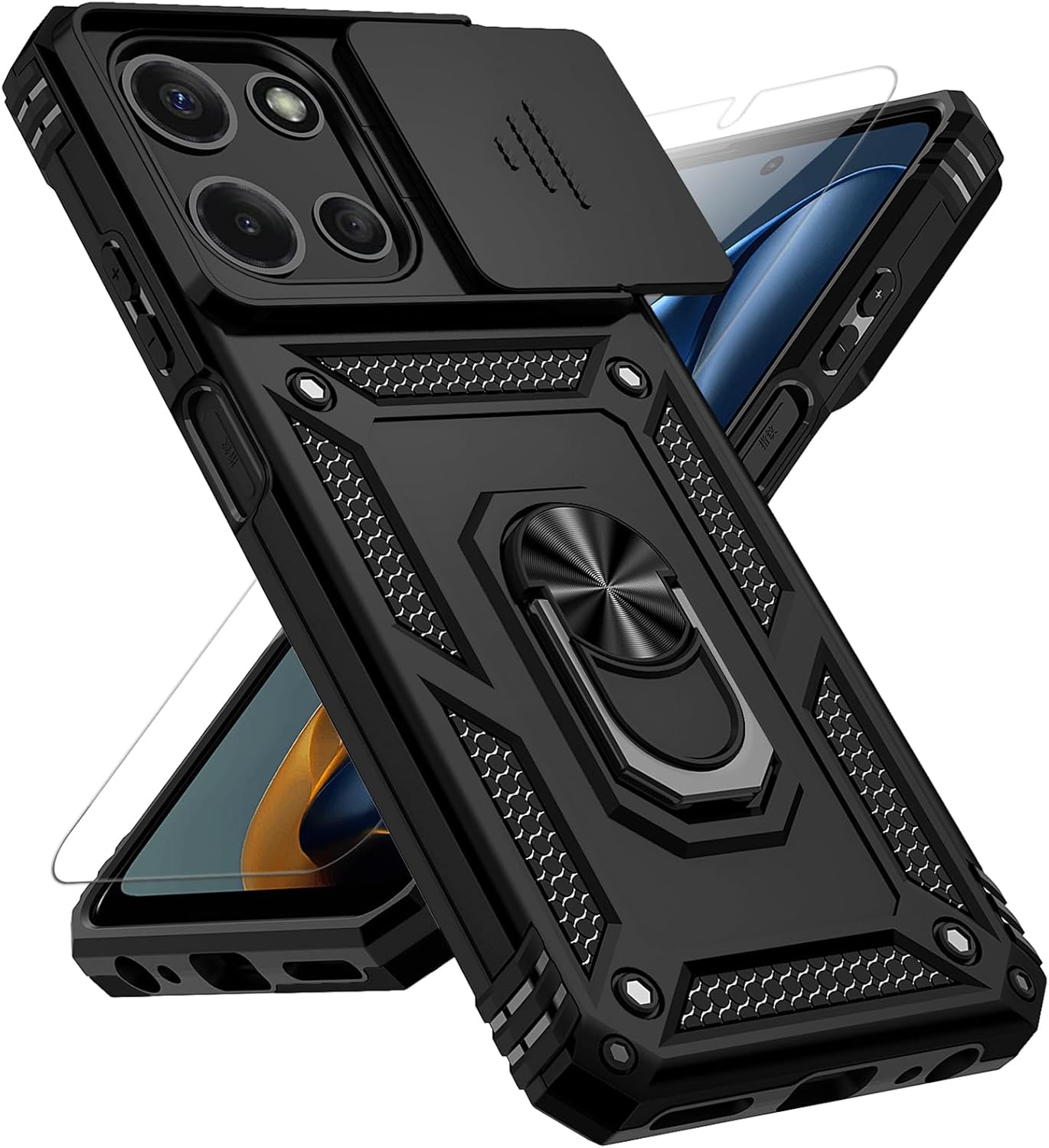 Motorola Moto G 2025 Case, with Slide Camera Cover HD Screen Protector [Military Grade 16ft. Drop Tested] Magnetic Ring Holder Kickstand Protective Phone Case for Motorola Moto G 2025, Black