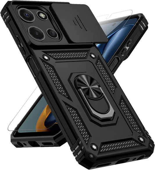 Motorola Moto G 2025 Case, with Slide Camera Cover HD Screen Protector [Military Grade 16ft. Drop Tested] Magnetic Ring Holder Kickstand Protective Phone Case for Motorola Moto G 2025, Black