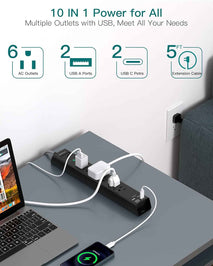 Surge Protector Power Strip - Extension Cord with Addtam 6 AC Outlets 4 USB (2 USB-C Ports), 1875W/15A, Flat Plug with Overload Surge Protection, Outlet Extender for Home Office Dorm Room Essentials