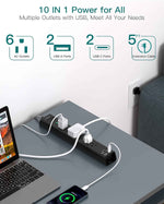 Surge protector power strip with 6 AC outlets and 4 USB ports, flat plug, 1875W/15A, overload protection