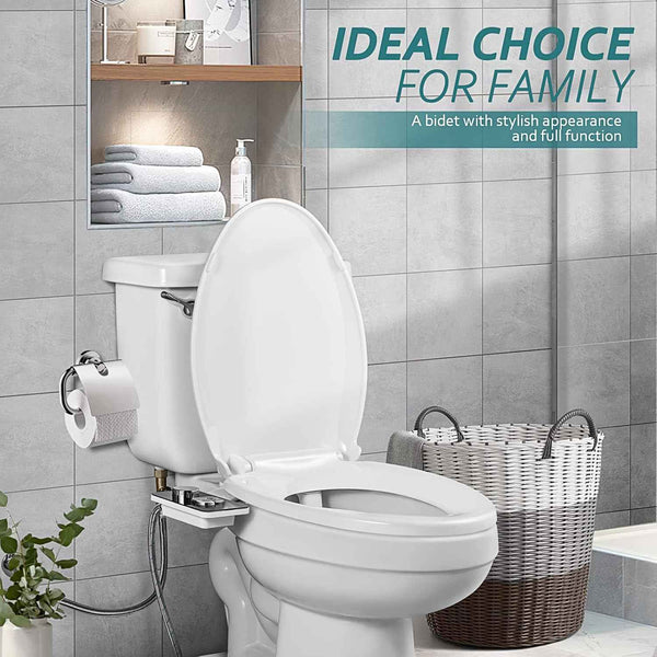 Samodra non-electric cold water bidet toilet seat attachment with pressure controls, retractable nozzles, black finish.
