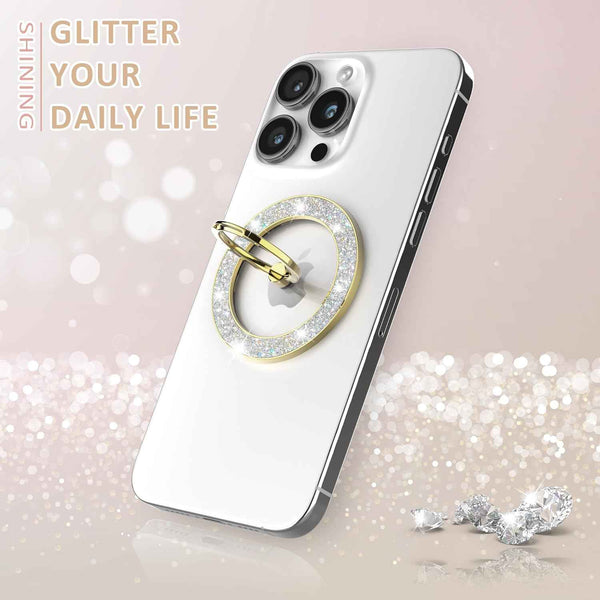 Magnetic Phone Ring Holder for MagSafe Cell Phone Grip Stand Finger Ring Stand Compatible with iPhone 17 16 15 14 13 12 Pro Max MagSafe Accessories Android. (Glitter Gold)