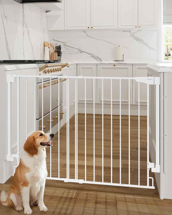 Cumbor 29.2–43" Baby Gate for Stairs, Wall-Mounted (Drill Required), Expandable No Bottom Bar Dog Gate, Auto Close Extra Wide Walk Thru, Pet & Toddler Proof Gate, Top & Bottom of Stairways (White)