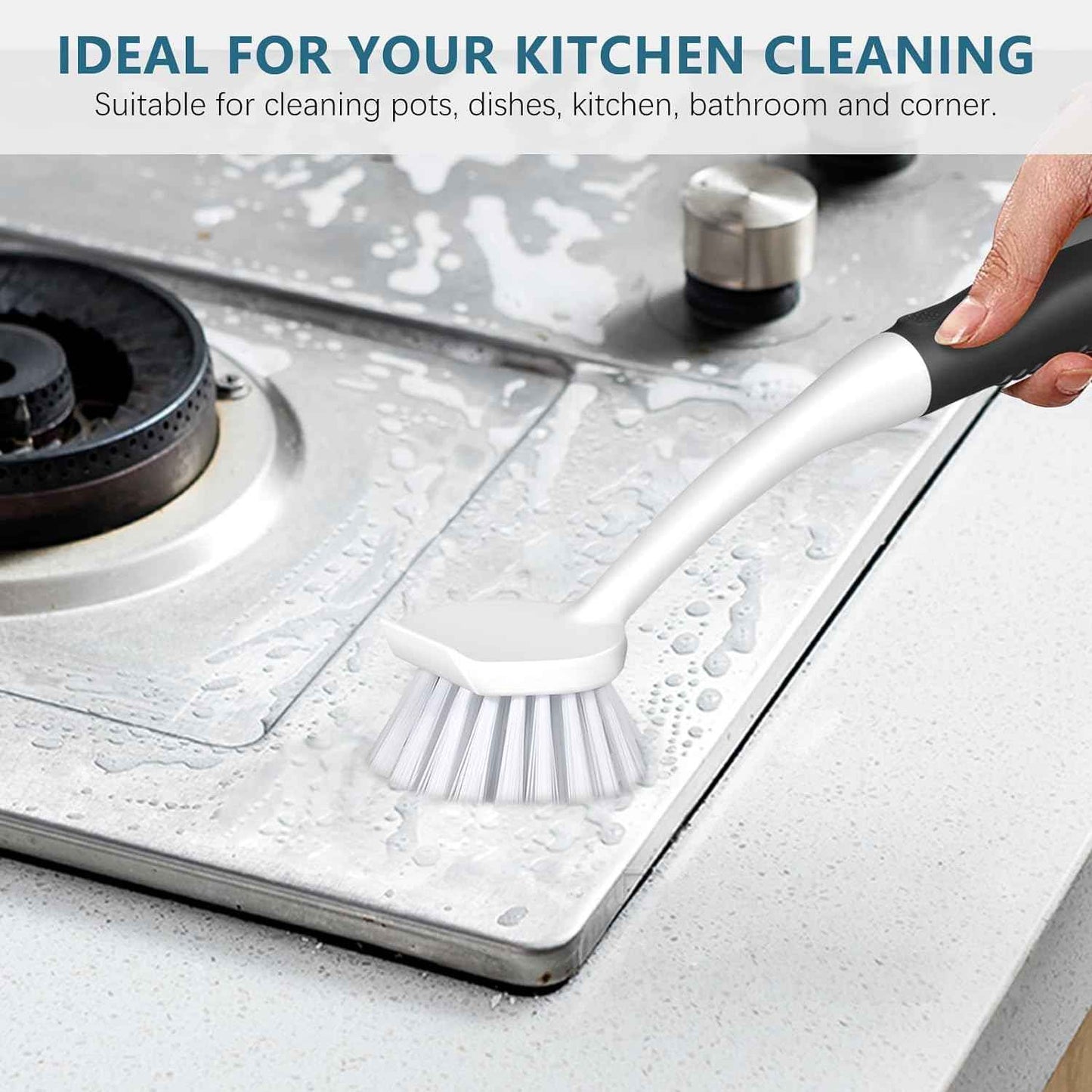 SetSail Dish Brush Set of 3 with Bottle Brush, Dish Scrub Brush with Long Handle Deep Cleaning Handle Brush with Scraper Tip for Kitchen Sink Dishes Bottle Cup Pot and Pans Tile Lines, Black