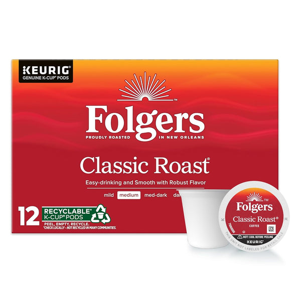 Folgers Classic Roast, 12-Count Medium Roast Coffee K-Cup Pods, 6-Pack