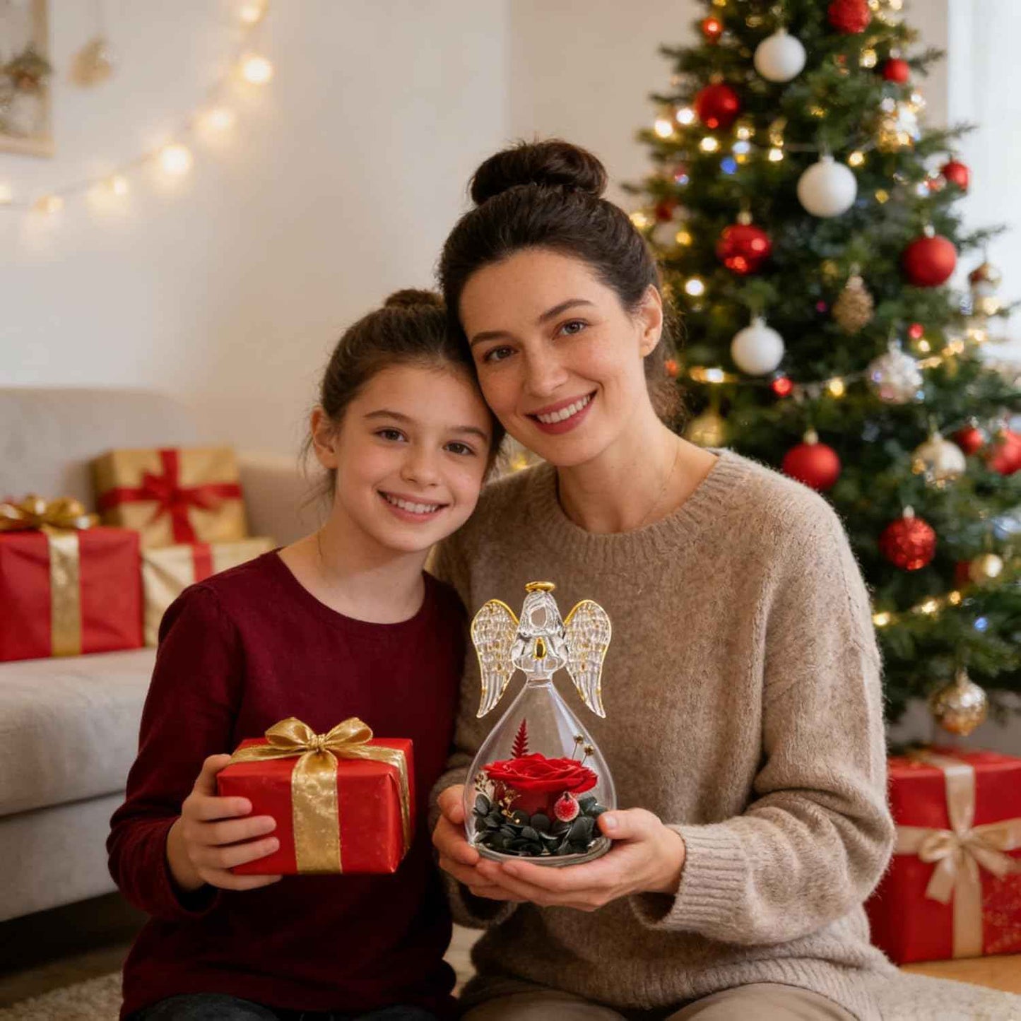 Sunia Valentines Day Rose Gifts for Women, Birthday Gifts for Mom Grandma, Forever Preserved Flower in Glass Angel Figurines Flowers for Delivery Prime, Mothers Day Real Roses for Her Wife