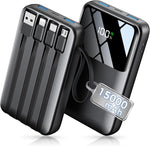Power Bank, 15000mAh Portable Charger with Built in Cable, 22.5W Fast Charging, 6 Outputs, Slim Travel Essential Battery Pack with LED Display, Compatible with iPhone 17/16/15/14/13, iPad Black