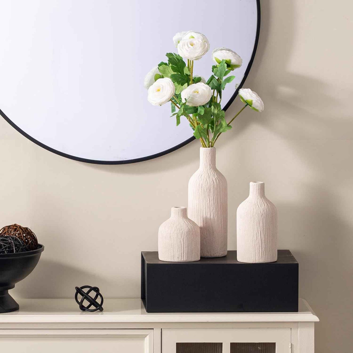 Ceramic Vase Home Table Decor - White Flower Vase Set of 3 Living Room Kitchen Decorations Farmhouse Modern Rustic Vases Decorative Centerpiece for Shelf Bedroom Office Bathroom Dining Coffee Desk