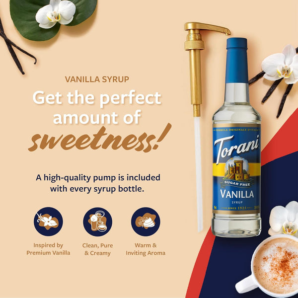 Torani sugar-free vanilla flavored syrup, zero-calorie, 25.4 fl oz, pump included