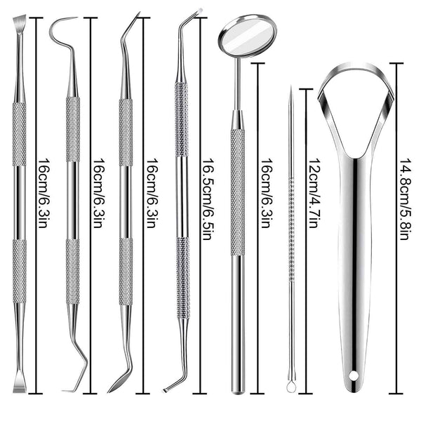 Professional dental tools kit, 7pcs, stainless steel, tongue scraper, plaque tartar cleaner, personal and pets use