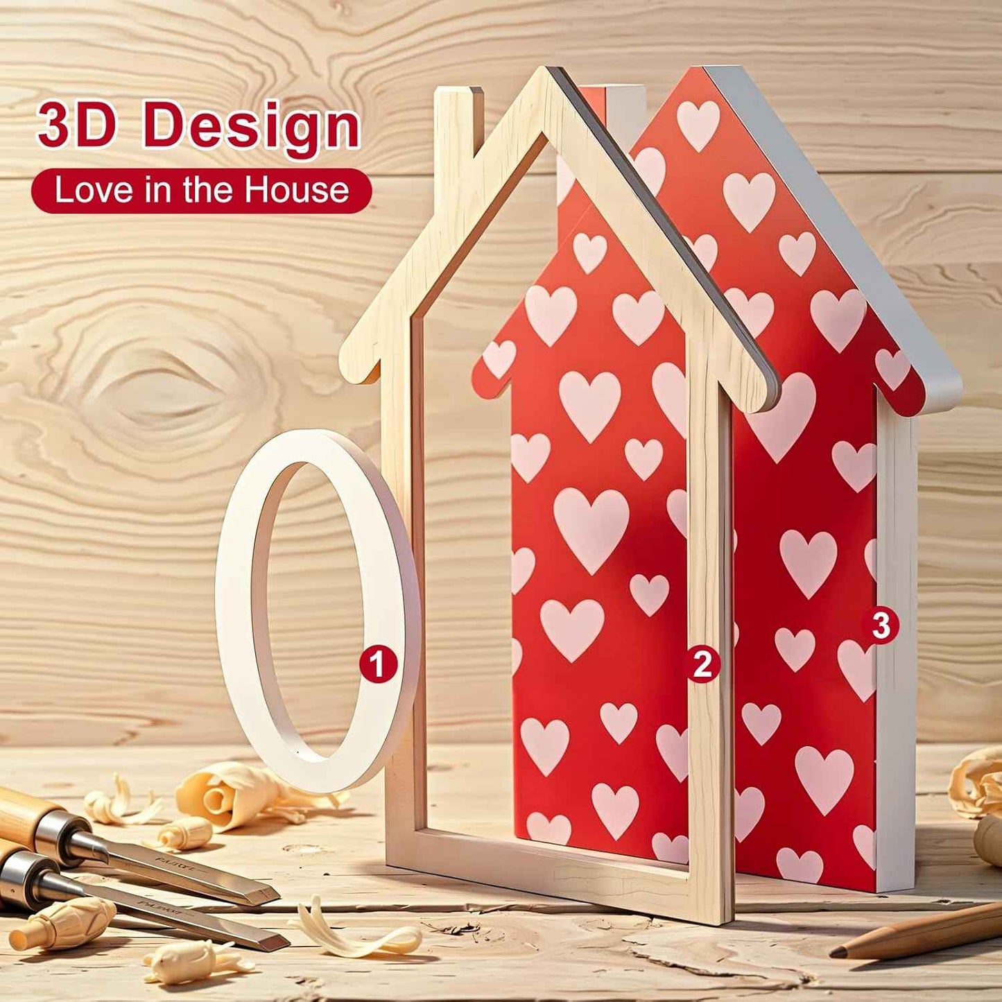 Valentines Day Decorations - 4 Pack 3D Design Wooden House Shape Sign, Valentines Day Table Decor, Valentine's Day Decorations for Home Office Tiered Tray Mantel Shelf