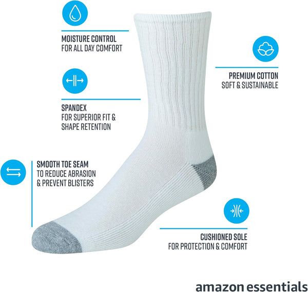 Amazon Essentials Men's Cotton Crew Athletic Moisture Wicking Sports Socks with Cushioned Sole