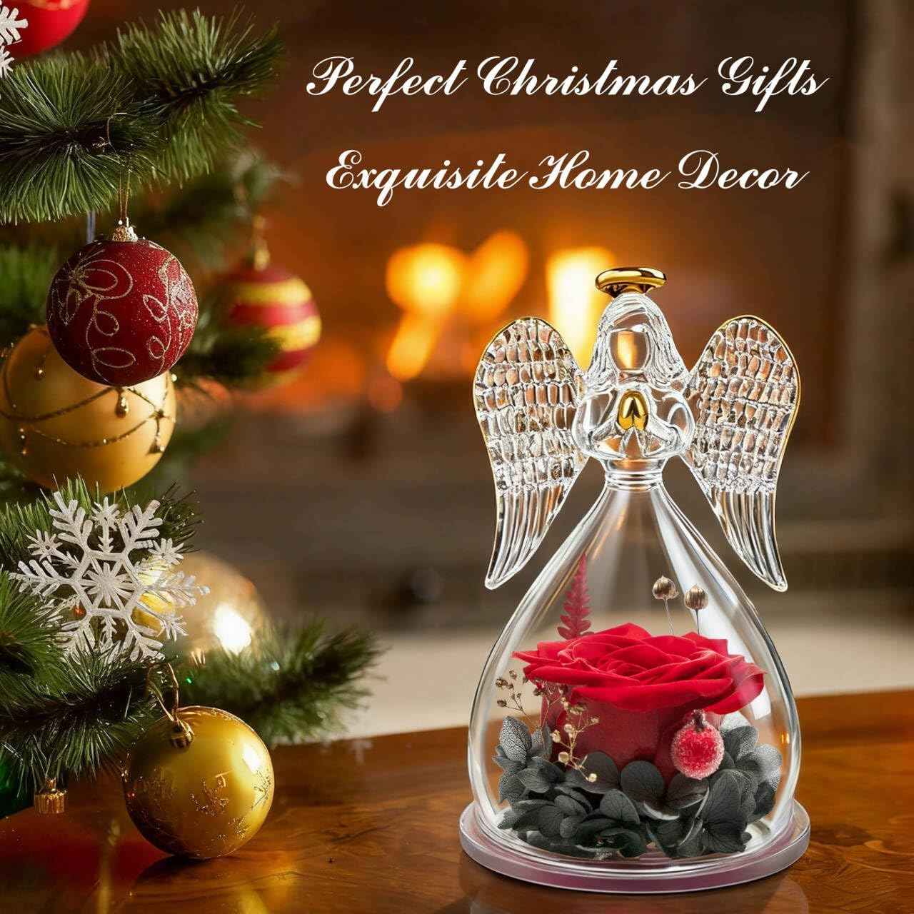 Sunia Valentines Day Rose Gifts for Women, Birthday Gifts for Mom Grandma, Forever Preserved Flower in Glass Angel Figurines Flowers for Delivery Prime, Mothers Day Real Roses for Her Wife