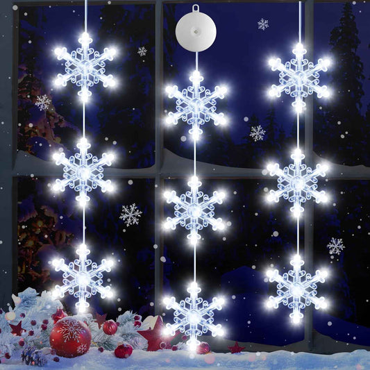 3Pcs Christmas Window Lights Decorations with Timer, Battery Powered Christmas Window Hanging White Lighted Snowflake Shaped LED Sucker String Lamp for Xmas Tree Fireplace Window Indoor Decor