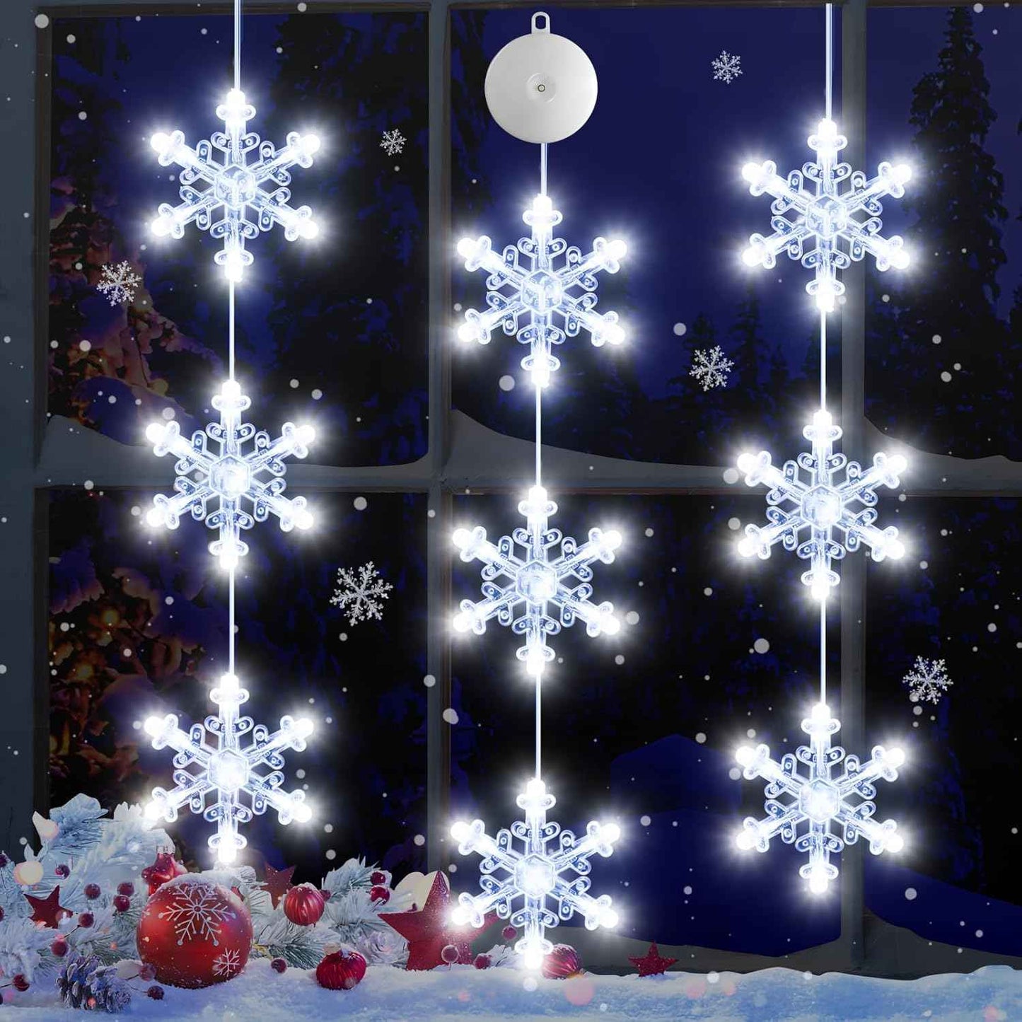 3Pcs Christmas Window Lights Decorations with Timer,Battery Powered Christmas Window Hanging White Lighted Lucky Star Shaped LED Sucker Lamp for Xmas Tree Fireplace Window Indoor Outdoor Decor