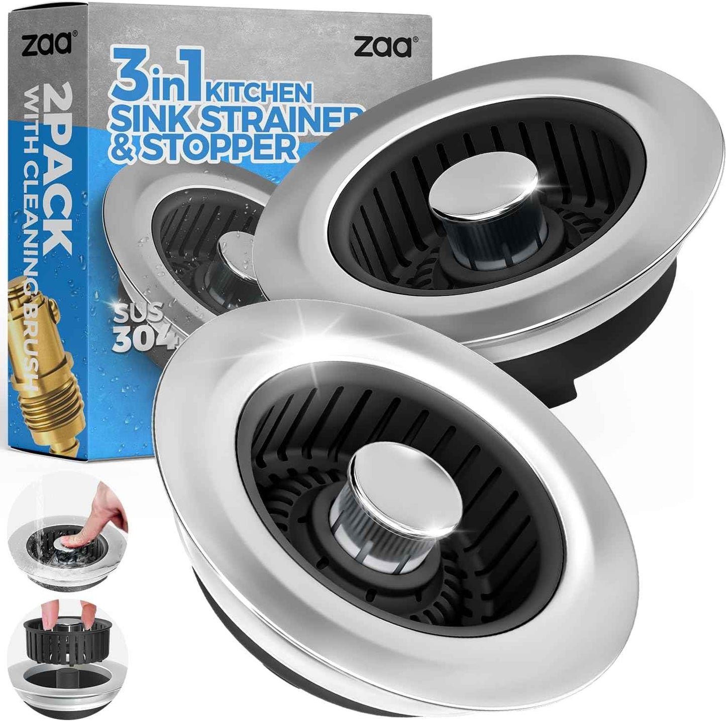 Upgraded 3in1 Kitchen Sink Drain Strainer & Sink Stopper, Stainless Steel Kitchen Drain Plug & Sink Installation Parts with Anti-Clogging Basket, Fit US Standard 3-1/2'' Sink Drain Hole, Silver