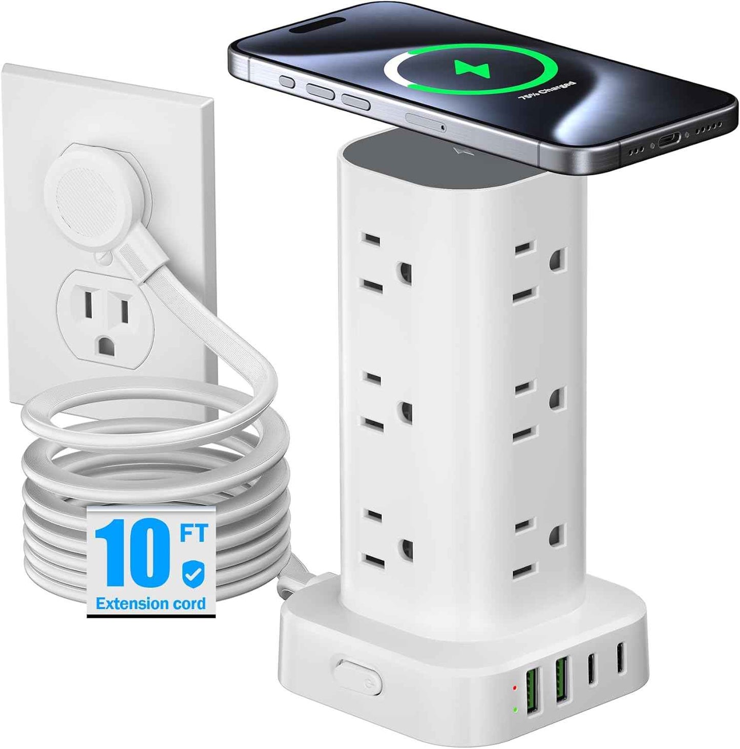 Tower Power Strips with Surge Protection, 6FT Flat Extension Cord with Multiple Outlets, 12 AC 4 USB Ports, Overload Protection Charging Station for Office Home Dorm Room Travel (White)