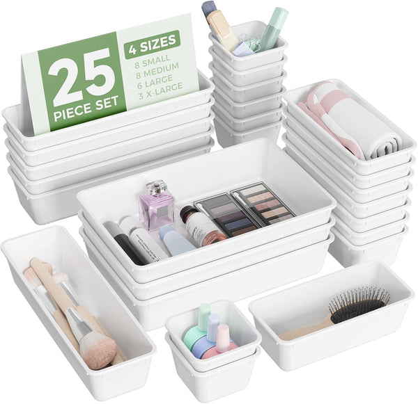 25 PCS Plastic Drawer Organizers Set for Makeup, Jewelry, and Utensils