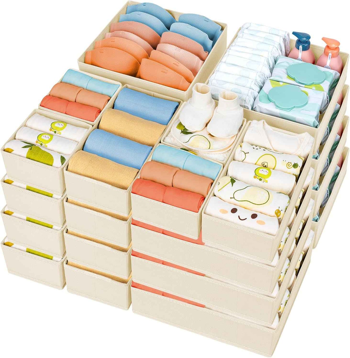 DIMJ Drawer Organizer Clothes, 12 Pack Dresser Organizer, Foldable Closet Organizers and Storage, Fabric Dresser Bins, Drawer Dividers for Nursery, Baby Clothes, Underwears, Sock (Beige)