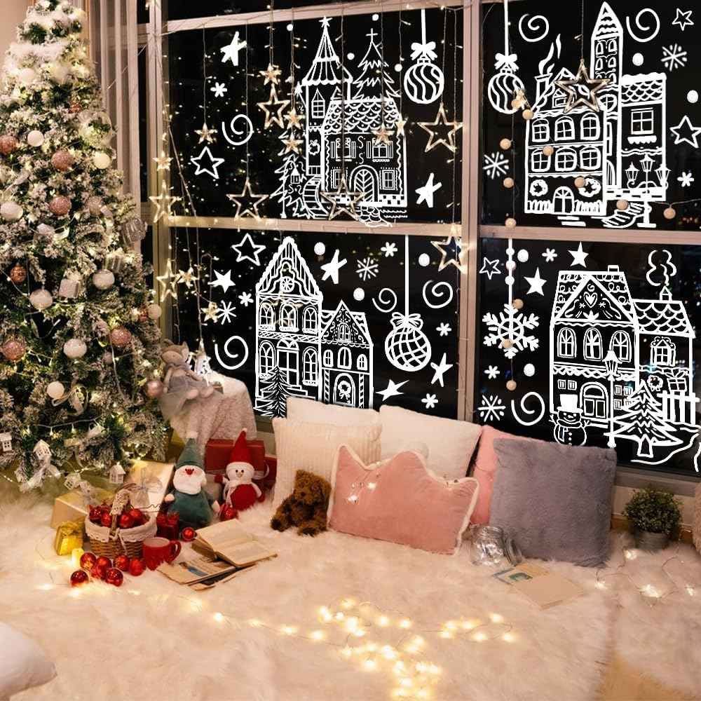 DIYDEC 15.7 * 27.5'' Large Christmas Window Stickers 4 Sheets White House Xmas Window Clings for Glass Decoration Snowman Snowflake Double-Sided Window Decals for Christmas Holiday Party Ornament