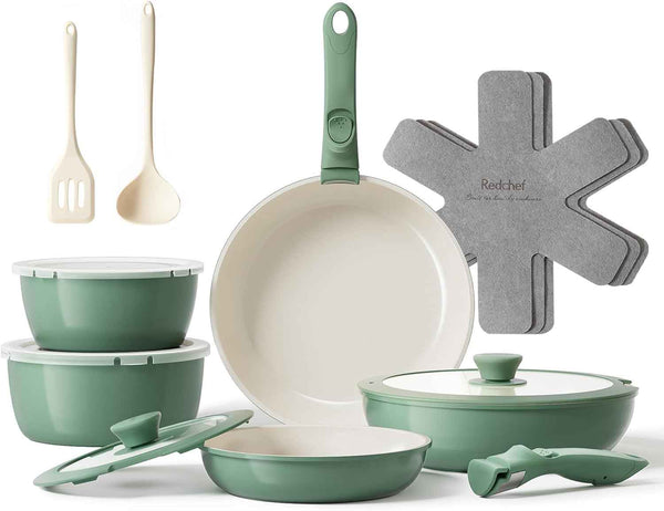 Redchef Ceramic Pots and Pans Set, Nonstick Kitchen Cookware Set with Detachable Handle, Non Toxic Cookware Set 16pcs, PFAS PFOA & PTFE Free, RV Ceramic Cookware for Camping, Dishwasher/Oven Safe