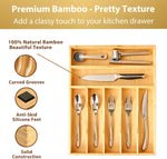Bamboo kitchen drawer organizer with 7 slots and 6 silicone feet