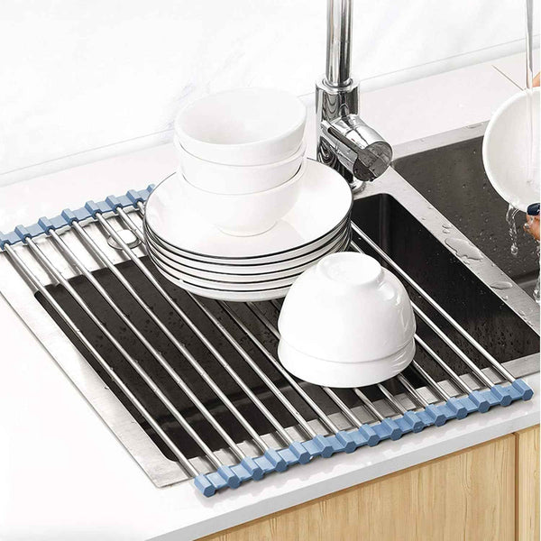 Over The Sink Dish Drying Rack, Roll Up Dish Drying Rack Kitchen Dish Rack Stainless Steel Sink Drying Rack, Foldable Dish Drainer, Gray