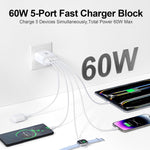 60W 5-Port USB C Charger Block with Fast Charging and Multiple Ports