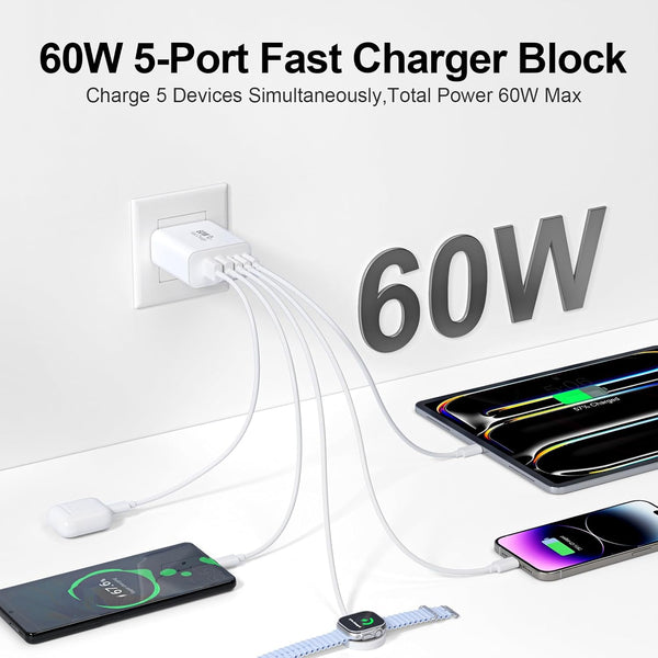 60W 5-Port USB C Charger Block with Fast Charging and Multiple Ports