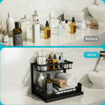 realinn black 2-tier under sink organizer with pull-out cabinet storage and slide-out shelf for small kitchens