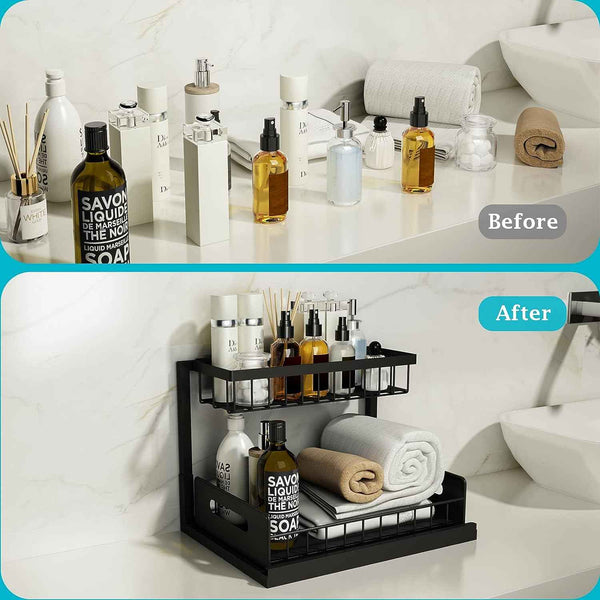 realinn black 2-tier under sink organizer with pull-out cabinet storage and slide-out shelf for small kitchens