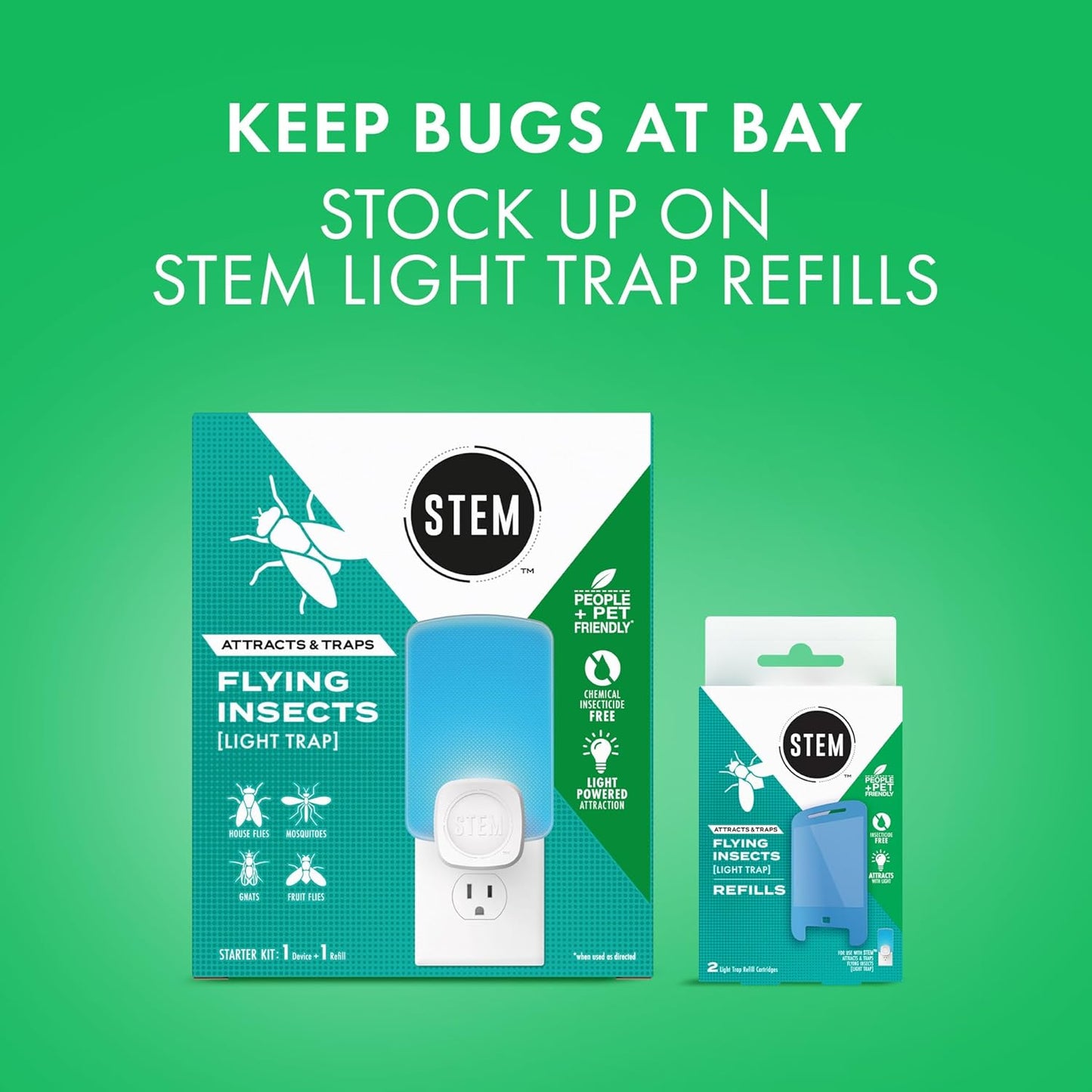STEM Light Trap: Indoor Fruit Fly Trap, Effective Insect Control for Home, Attracts and Traps Flying Insects, Emits Soft Blue Light, Starter Kit with 2 Plug-In Devices and 2 Cartridges