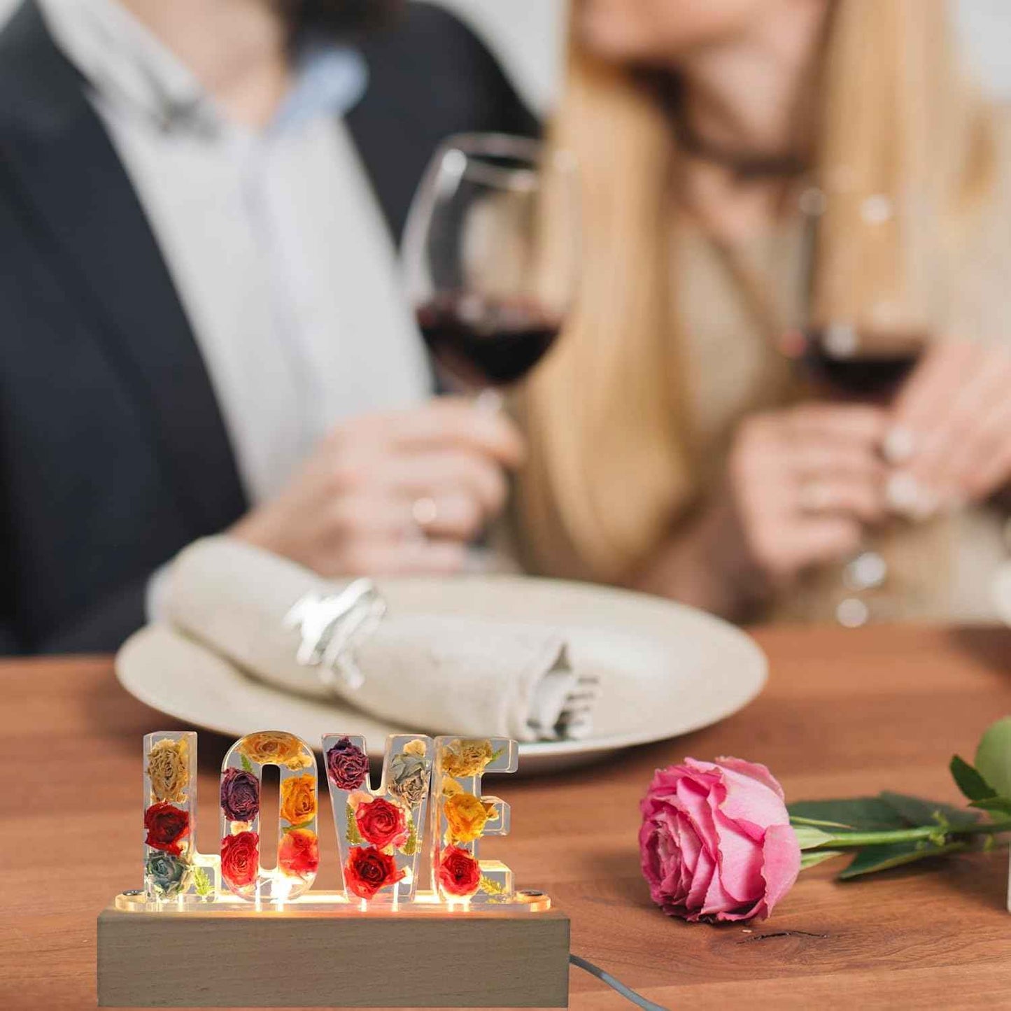 Handmade Floral Resin Dried Roses Night Light Pressed Dry Flower Lights Lamp Gifts for Women Girls Bedroom Decor