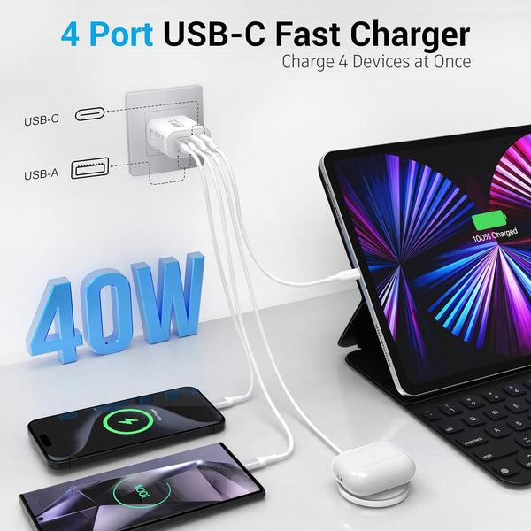 40W 4 Ports USB-C Wall Charger Plug Fast Charging Multiport Adapter