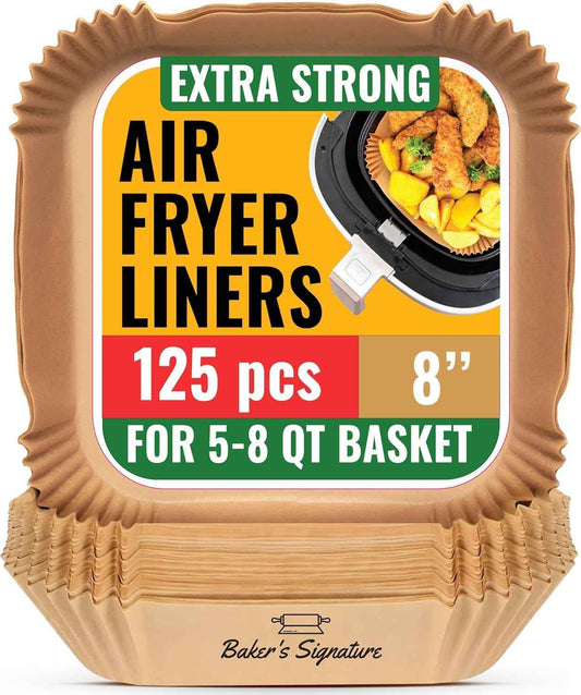 Air Fryer Paper Liners, 125Pcs Air Fryer Disposable Liners, Non-Stick and Oil Proof for Easy Cleanup, 8” Square for 5-8 qt Basket by Baker's Signature