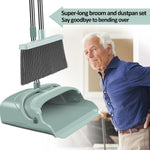 Upgrade Broom and Dustpan Set, Large Size and with Long Handle, Upright,Ideal for Indoor Outdoor Garage Kitchen Room Office Lobby Use (Green)