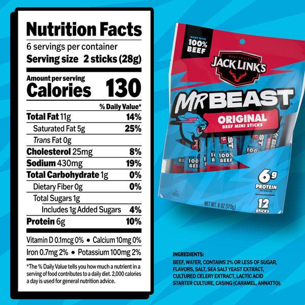 Jack Link's x MrBeast Original Mini Beef Jerky Sticks, 12 Pack, 0.5 oz Meat Sticks