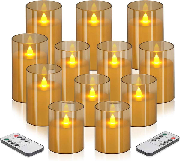 Flameless Candles 4" 5" 6" Set of 3 Acrylic Glass Pillars 3" Diameter Battery Operated Flickering Candles Include 10-Key Remote with Timer Function 400+ Hours (Gray, Warm Light 3 Pack)