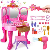Toddler Vanity Magic Makeup Set Table & Chair Girl Toy Automatically Mirror with Music Light Pink Toys for 2 3 4 Year Old Girl Hair Salon Pretend Play Princess Dress Up Playset Valentine Gift age 3-5