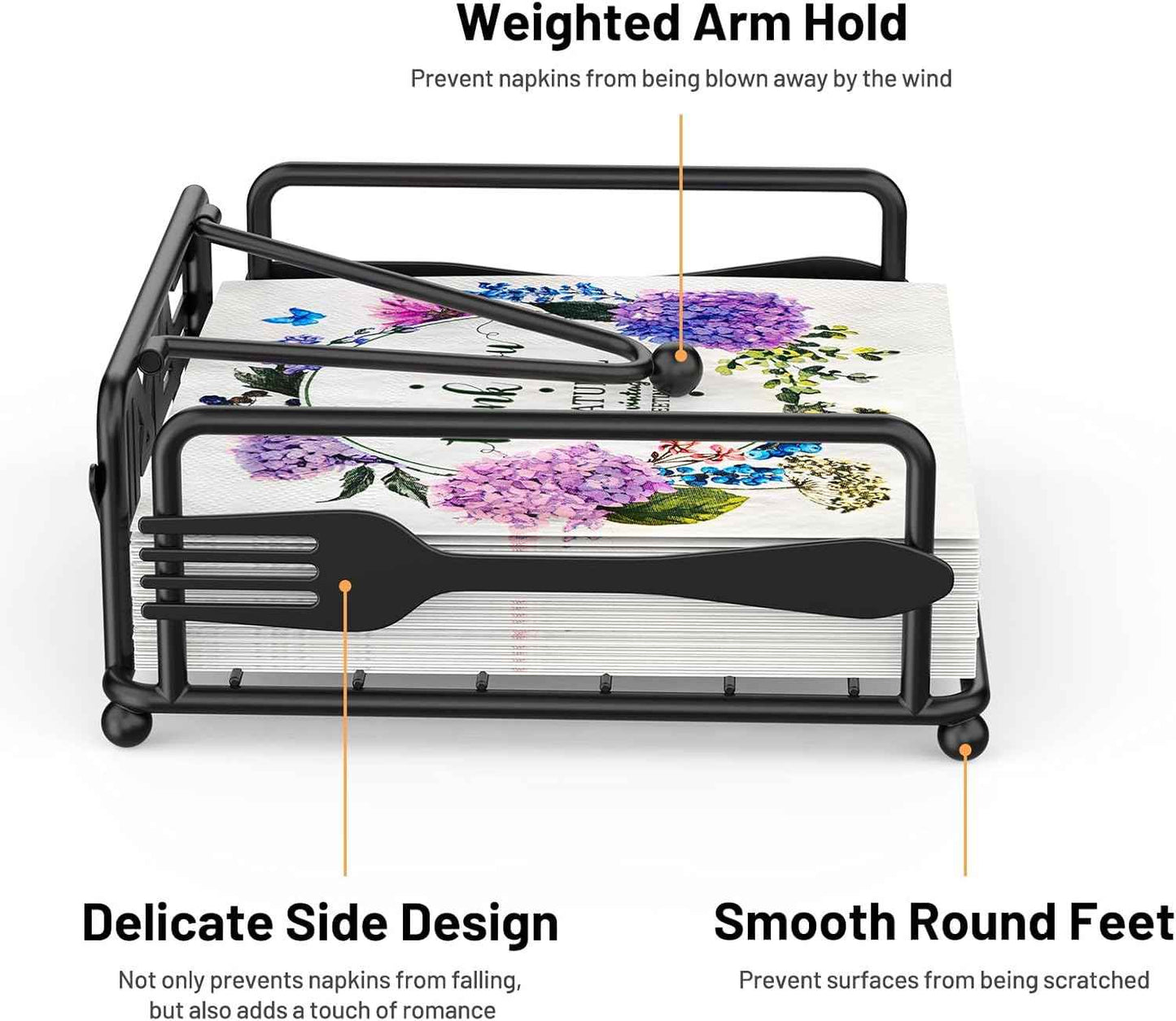 Napkin Holder for Table, Flat Napkin Dispenser with Weighted Arm, Square Cocktail Paper Holder of Elegant Rustic Iron for Kitchen Dining Room Decor Restaurant Farmhouse Hotel Party, Black